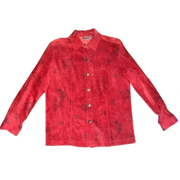 CHICO'S Leather Suede Shirt Jacket Womens Size 1 (Medium) Red Black Asian Print - Picture 8 of 8